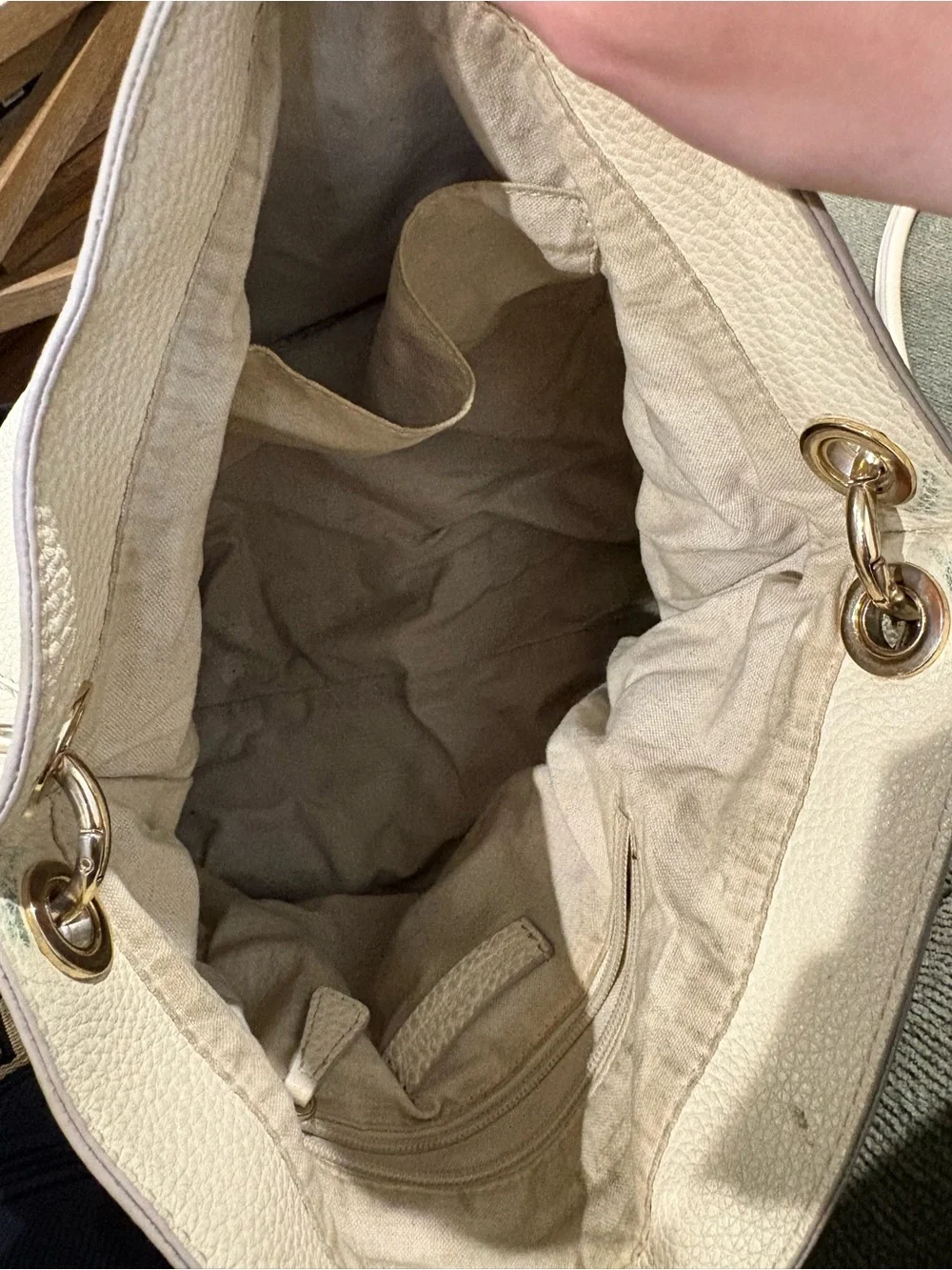 Mark & Graham Cream Pebbled Leather Shoulder Bag with Patterned Strap
